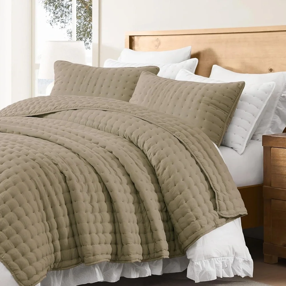 🆕 PB Style King Quilt Set Tufted Classic Taupe 3 Piece Luxury Hotel Bedding